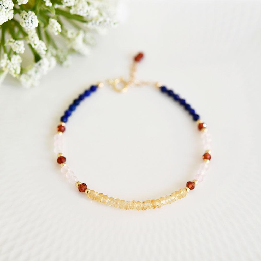 4種類石のブレスレット シトリン ガーネット ラピスラズリ ローズクォーツ アジャスター付き
